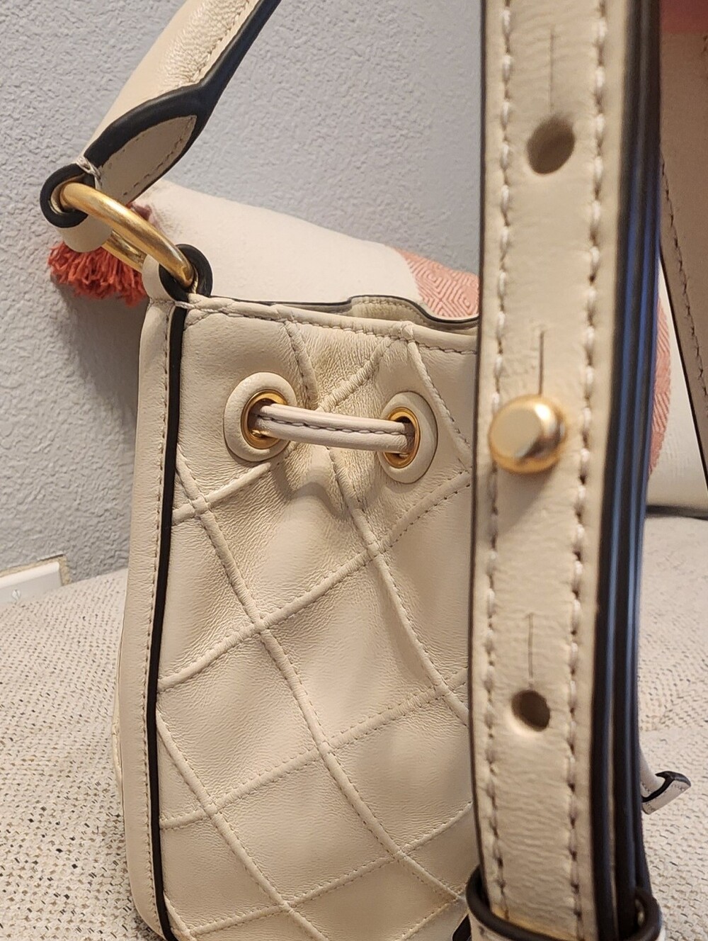 Tory Burch Cream Quilted Drawstring Bucket Bag - Gold Hardware - Picture 12 of 14